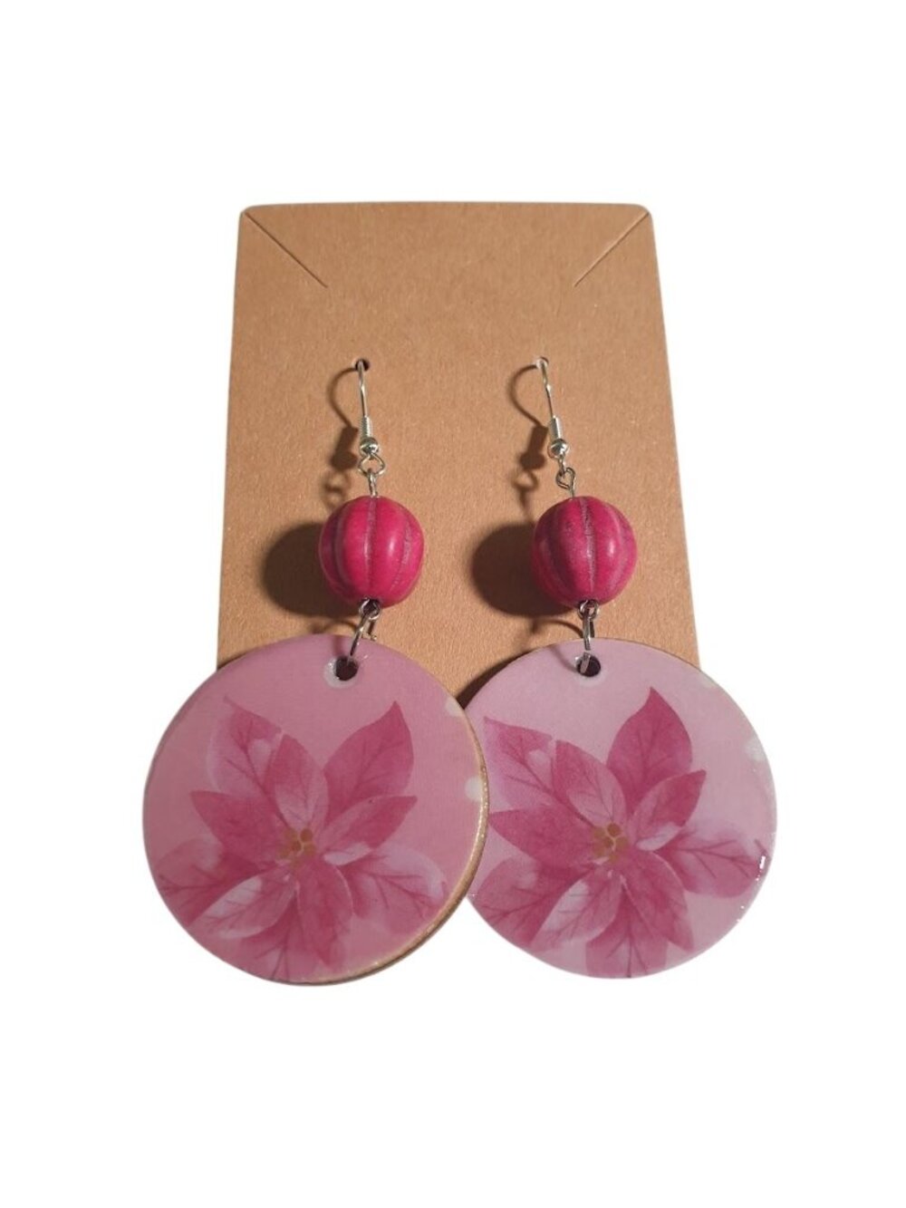 Pink Poinsette Dangle Earrings Round Wooden Beaded Holiday Handmade Jewelry Gift